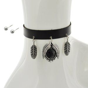 SILVER TONE & BLACK LEATHERETTE CHARM CHOKER SET